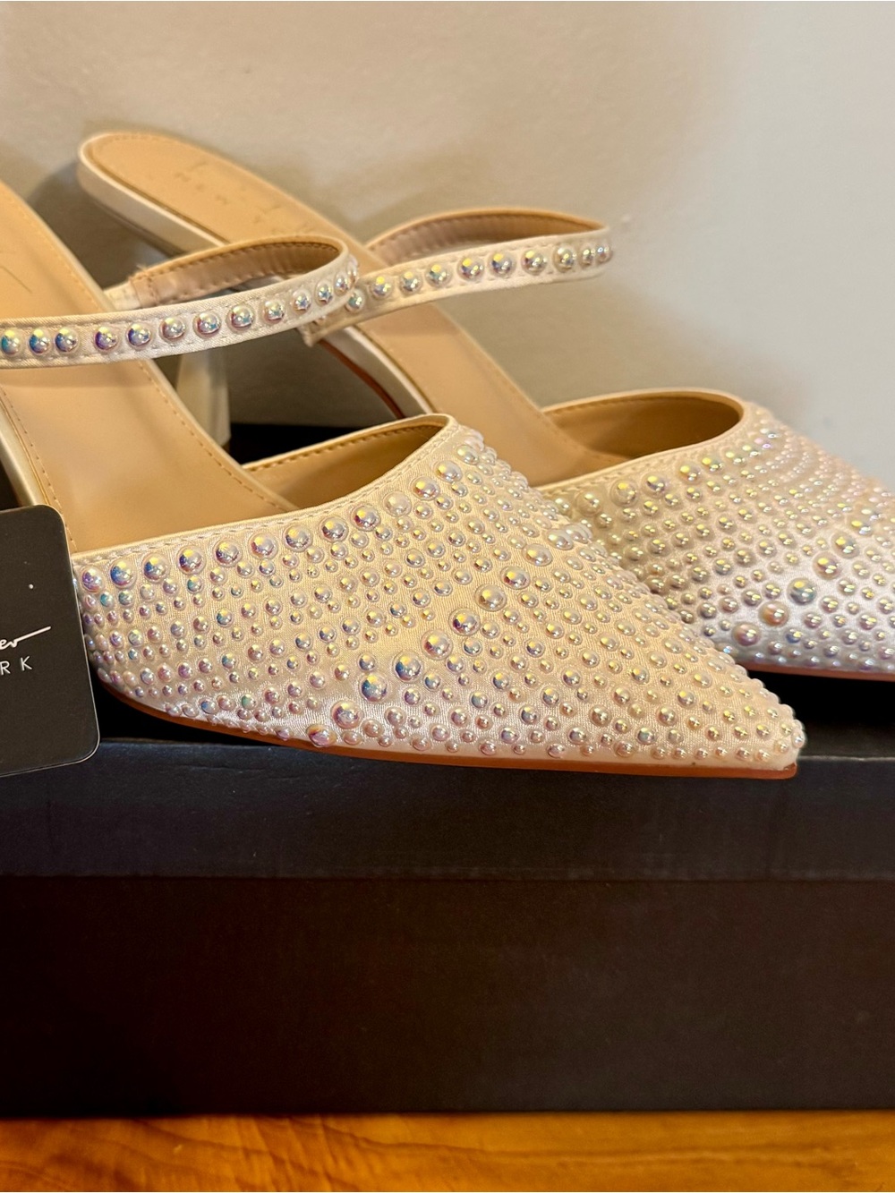 Nicole Miller Ivory Crystal-Studded Pointed Mules